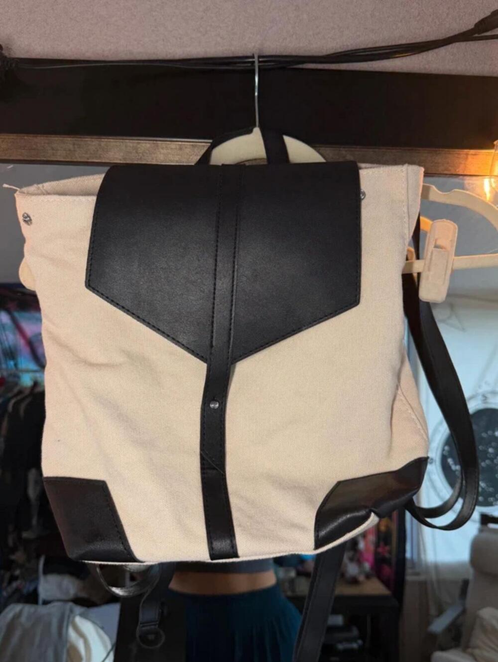 Deux Lux Beige and Black Faux Leather Flap Mini Backpack w/ Adjustable Straps